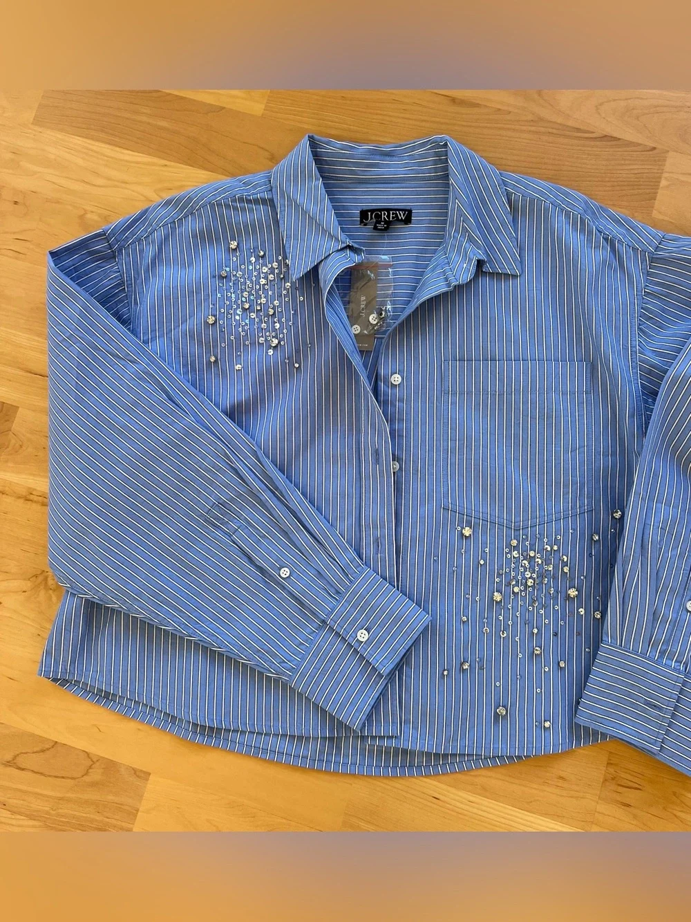 J. Crew Blue and White Pinstripe Embellished Button-Down Shirt